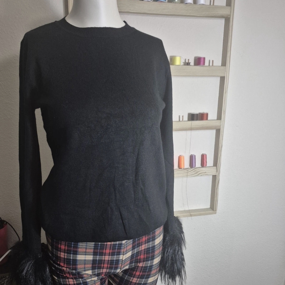 Black Sweater with Faux Fur Cuffs